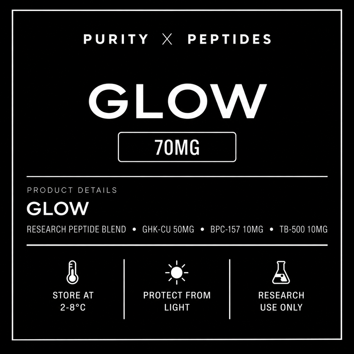 GLOW 70mg GHK-Cu BPC-157 and TB-500 peptide blend research information | Purity X Peptides