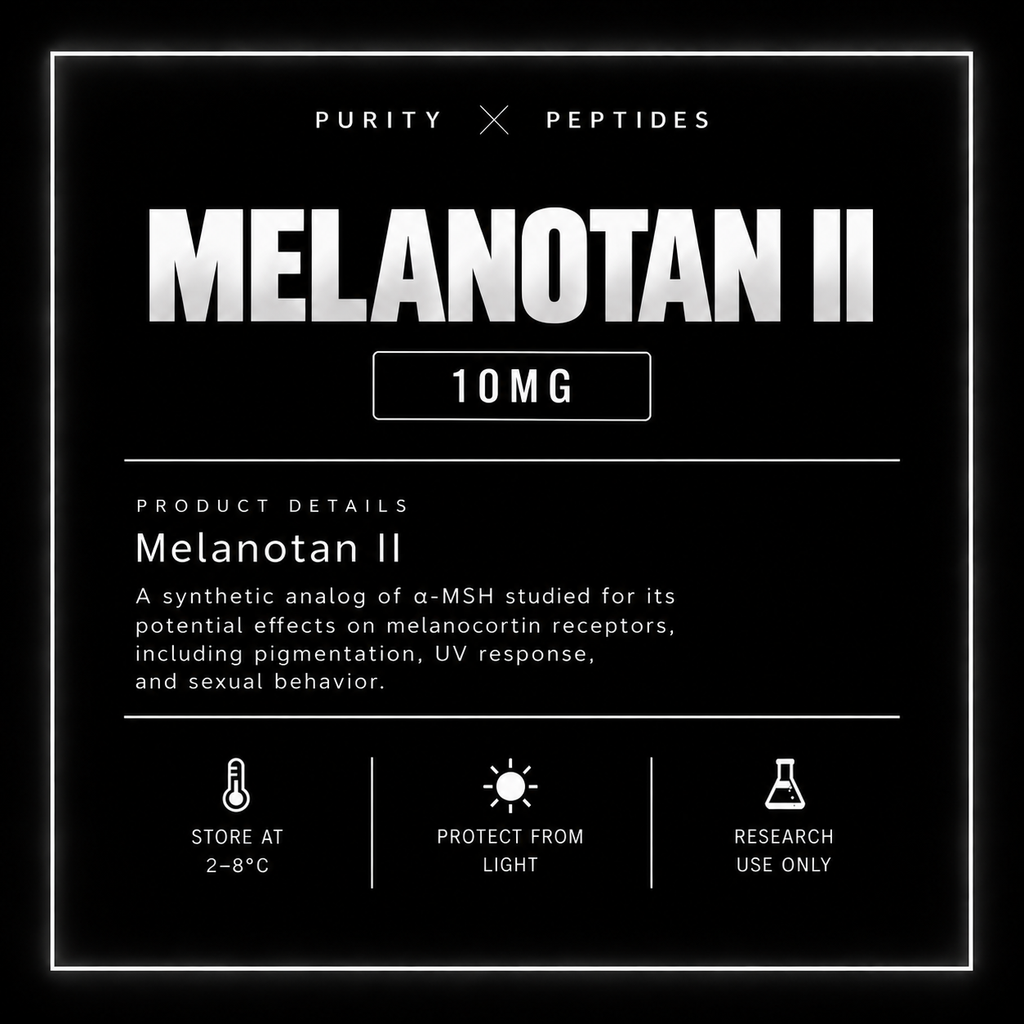 A black informational product card for Purity x Peptides Melanotan II 10mg, featuring white text and icons detailing storage, light protection, and restricted research use.